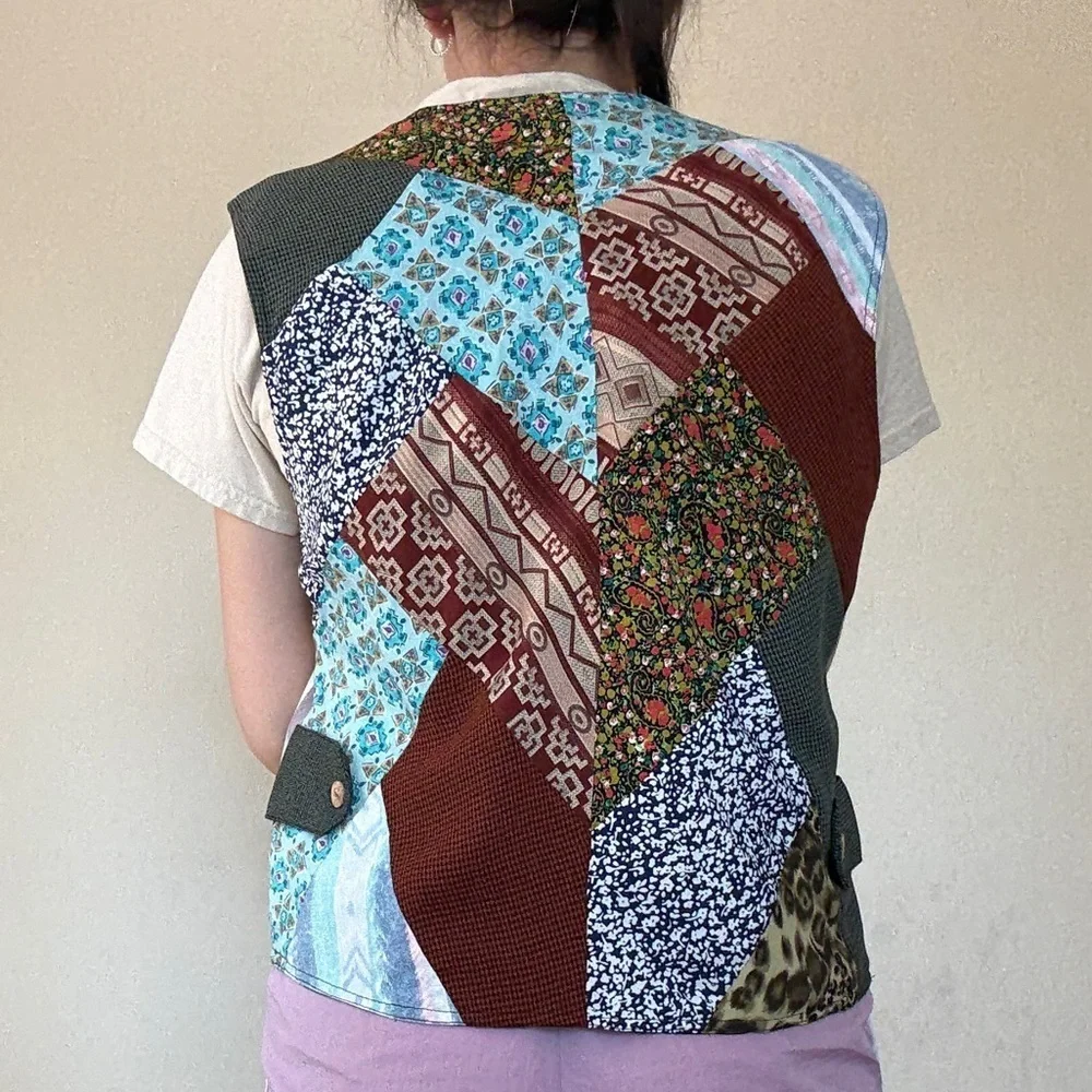 Patchwork Relaxed Fit Casual Vest Boho Southwestern Retro Prints Funky Hand Made